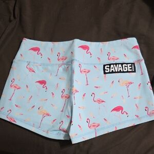 Savage Barbell Light Blue Shorts with Pink Flamingo Design